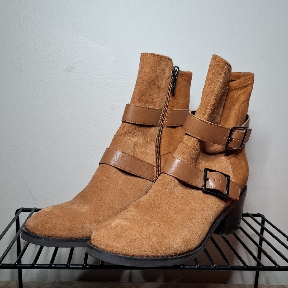 Donald Pliner Suede Booties – Leather Straps, Motorcycle Style, Size 9.5